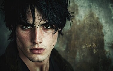 Mysterious Gaze: Portrait of a Young Arab Man with Green Eyes in Chiaroscuro Lighting  