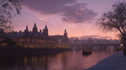 Obraz premium New Year Eve, the serene city skyline under the subtle glow of scattered fireworks, creating a mood of quiet celebration.