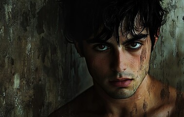 Mysterious Gaze: Portrait of a Young Arab Man with Green Eyes in Chiaroscuro Lighting  