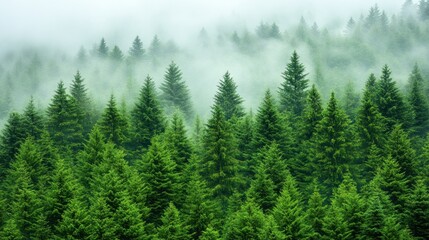 Fototapeta premium Misty evergreen forest, dense trees in fog.