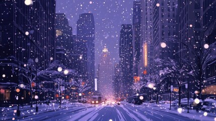 Obraz premium New Years night, a lonely city street framed by towering buildings with faint reflections of celebration.
