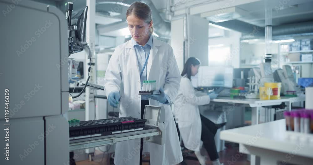 Poster female biochemist conducts research experiments with new medical drug products, developing modern cu