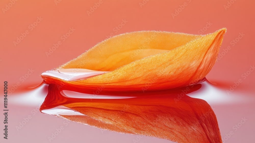 Poster a delicate orange petal floating on a reflective surface against a soft gradient background.
