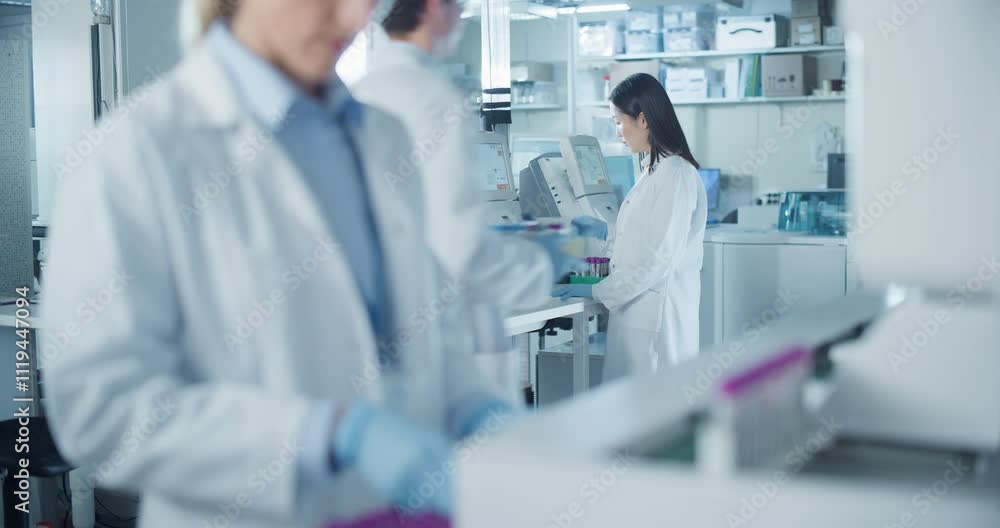 Aufkleber diverse team working in a clinical laboratory. focus on an asian biomedical scientist testing out cl