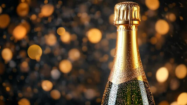 a champagne bottle with glitter glow gold dust and confetti, idea for festive celebration backdrop 
