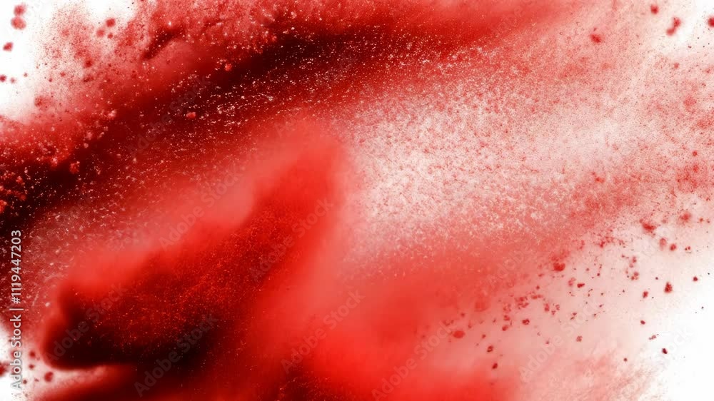 Poster vivid red powder bursts against a white background creating an abstract, dynamic composition of colo