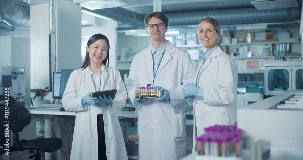 Poster Portrait of a Diverse Research Team Standing in a Modern Laboratory in White Coats. Female and Male Scientists Discuss Findings, Hold Test Samples and Use Tablet. Group Looking at Camera and Smiling