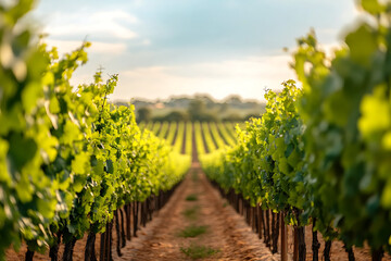 Naklejka premium A scenic vineyard with rows of grapevines,