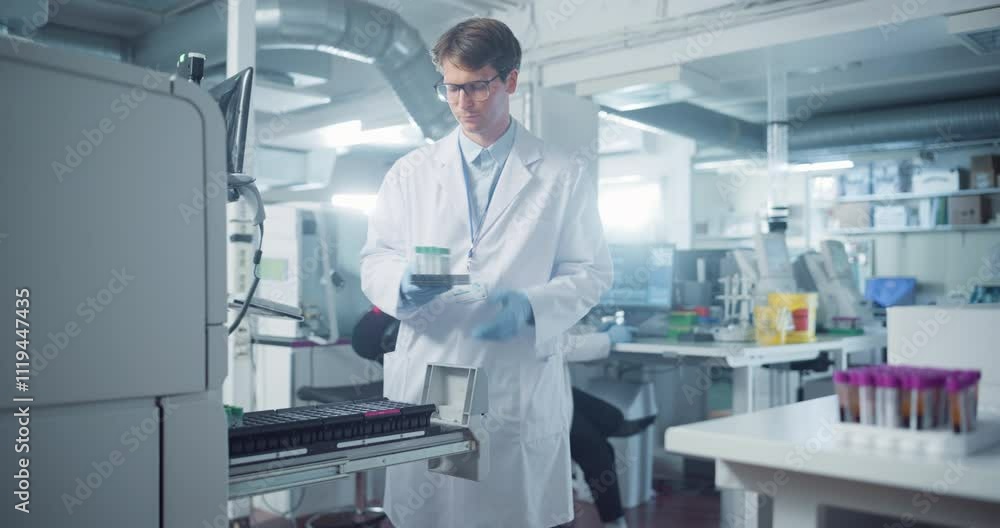 Leinwandbilder Scientist in White Lab Coat Operates Advanced Testing Equipment in Modern Laboratory. Handling Samples and Analyzing Data on a Computer. Researcher Working with Colleagues in a High-tech Environment