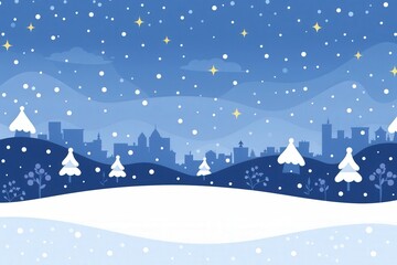 A winter scene with snow falling on a city with trees and buildings