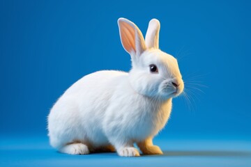 Obraz premium there is a white rabbit sitting on a blue surface