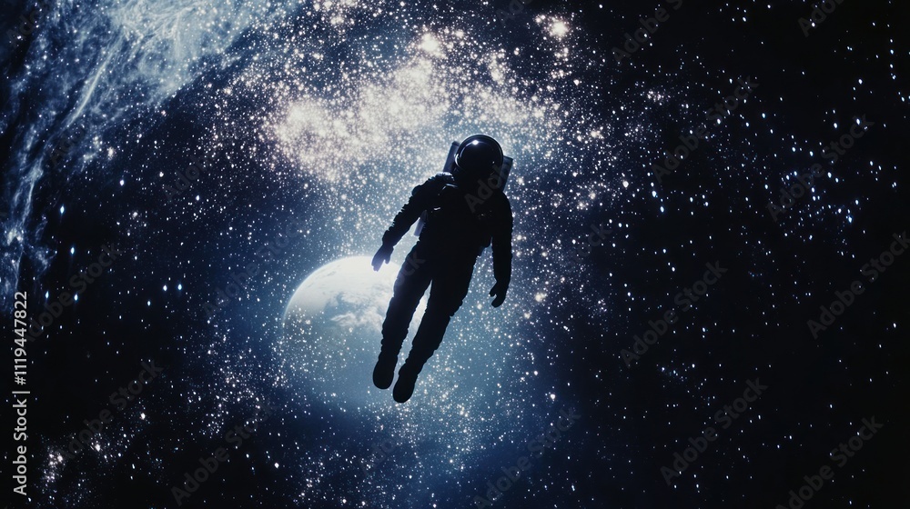 Poster astronaut floating through space near distant planet