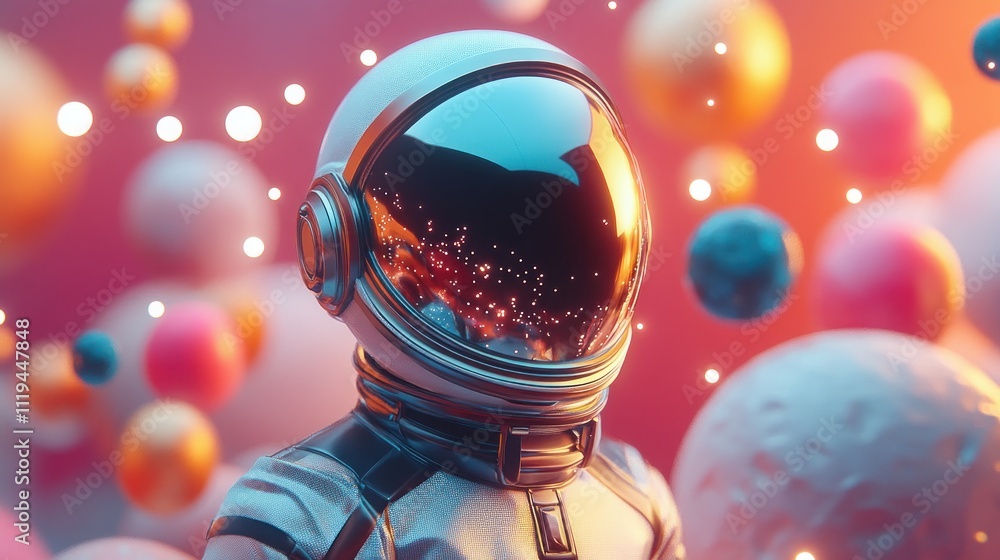 Poster an astronaut in a colorful, abstract space environment filled with orbs and textures.