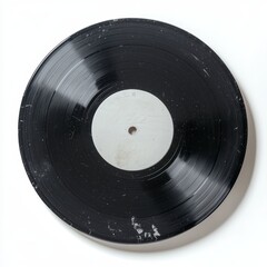 An up-close view of a retro vinyl record, featuring its grooves and a blank label at the center. High-definition image.