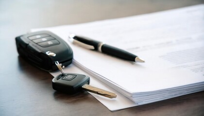 Car keys and documents on a table for business transactions.
