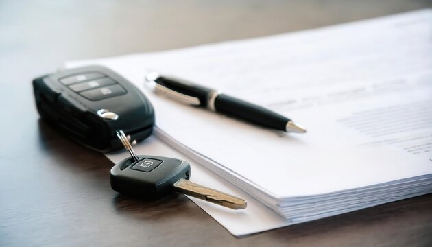 Car keys and documents on a table for business transactions.