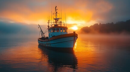 Fototapeta premium Fishing boat floating in a misty harbor at dawn with soft natural light highlighting its rustic charm and the quiet beauty of early morning at sea