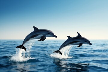 Fototapeta premium dolphins jumping out of the water in the ocean