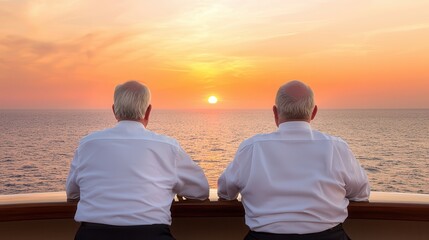 Fototapeta premium Retirement fulfills dreams of a happy lifestyle. Two men enjoying a sunset at sea