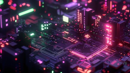 Obraz premium Futuristic Circuit Board Cityscape Neon Lights Glow