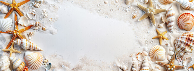 Fototapeta premium A banner with sand, starfish, and shells on background with scattered white seashells. Perfect for summer travel and beach themed designs.