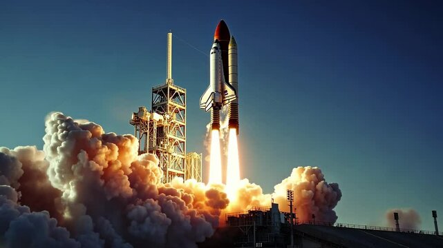 A rocket launches into the sky, surrounded by smoke and flames, symbolizing space exploration.