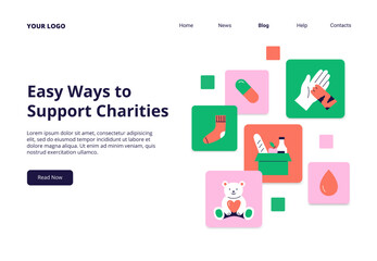 Different ways of donating and helping in the modern world. Kindness, charity, and volunteering work concept. Vector flat illustration for web banner, landing page, or promo.