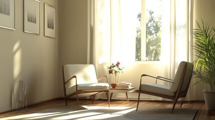 Fototapeta premium A cheerful accent table adds life to a minimalist living room with sleek chairs, neutral walls, and sunlight pouring in from a nearby window