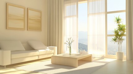 Fototapeta premium A cheerful table brightens a minimalist living room with soft neutral furniture, clean lines, and soft natural light streaming in