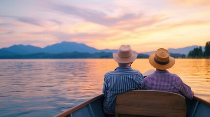 Fototapeta premium Retirement fulfills dreams of a happy lifestyle. Couple enjoying sunset on a boat