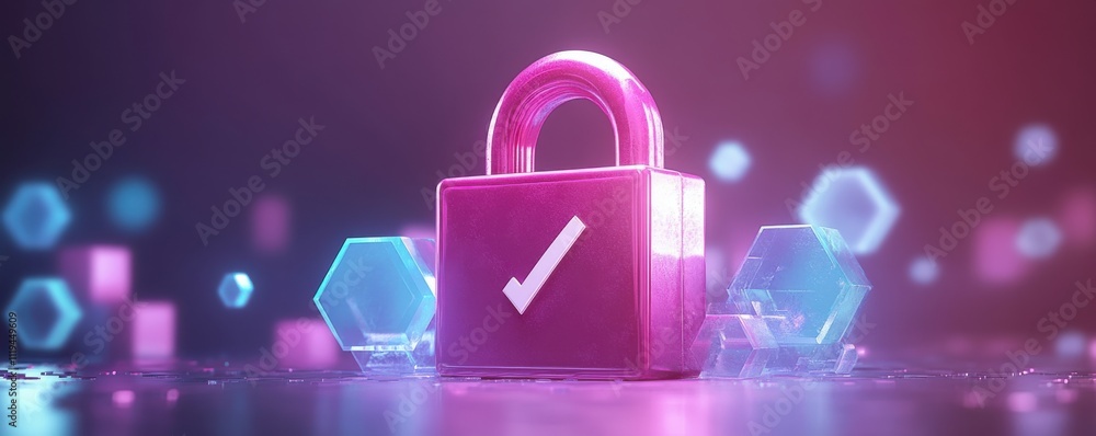 Poster 3d lock app icon with checkmark and security theme background