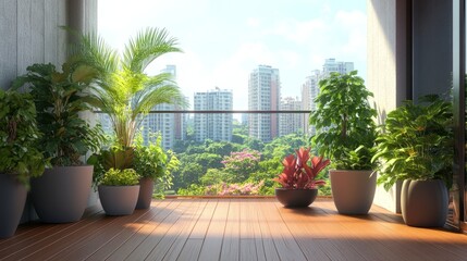 A cozy balcony space with wooden floors, vibrant plants in clean geometric planters, and a breathtaking view of a lively cityscape