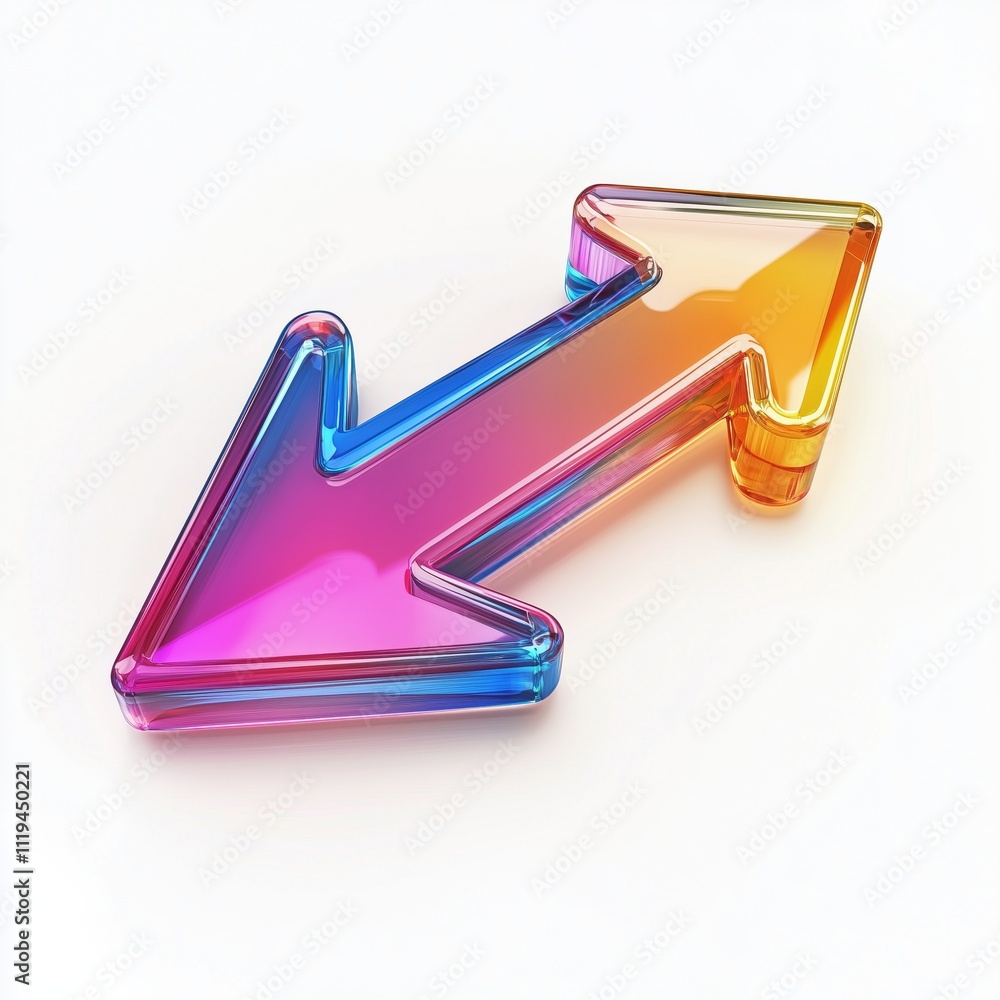 Poster 3d glass colorful arrow icon isolated on solid white background reflecting modern minimalistic desig