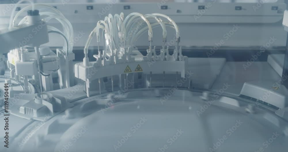 Aufkleber close up of an advanced automated laboratory analyzer at work. detailed tubing, warning symbols and 