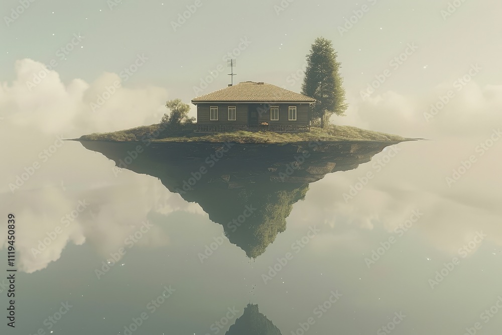 Poster a house is floating on a lake with a tree in the background
