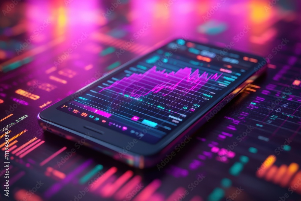 Poster futuristic mobile phone with financial data and graphs display