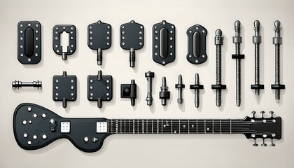 Obraz premium A set of guitar bridge parts, including saddles and screws, arranged on a white background.