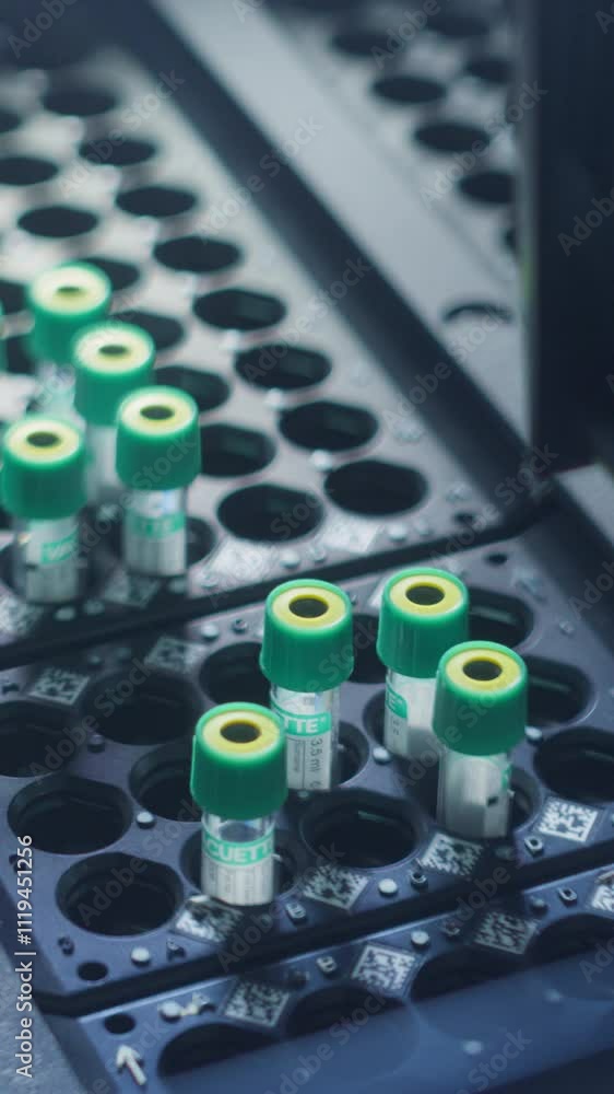 Poster Vertical Screen: Automated Laboratory Equipment Arranging Rows of Test Tubes. Advanced Medical Research and Diagnostic Process Samples Different Specimens Inside a High-tech Medical Machine