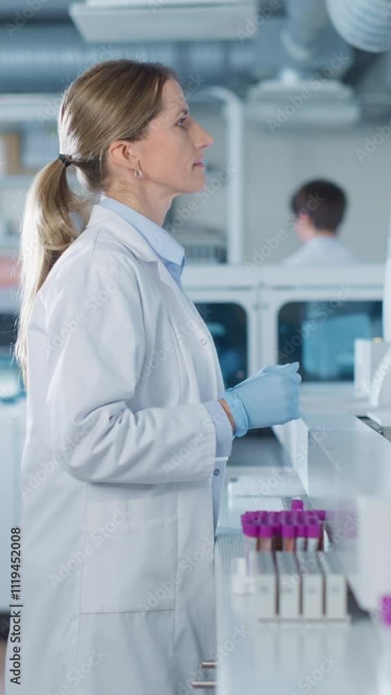 Poster vertical screen: biomedical engineers work in a lab. senior researcher adding samples to test machin