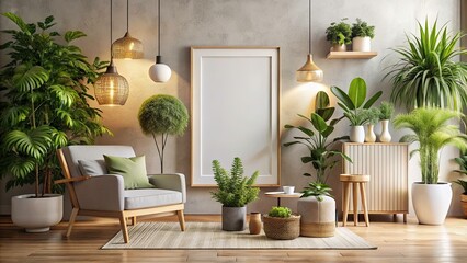 Mock Up Poster Frame Closeup in Scandinavian Style Interior, Minimalist Decor, 3D Render, Stylish Home Design for Modern Living Spaces