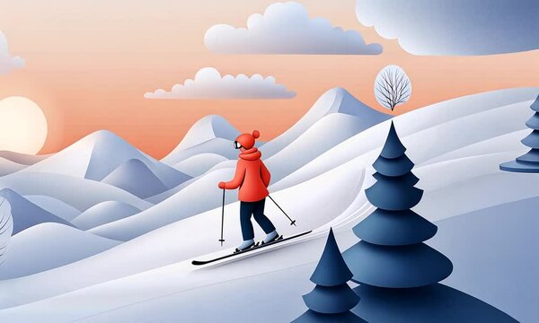 woman snow skiing on a mountain on a cold sunny day in winter