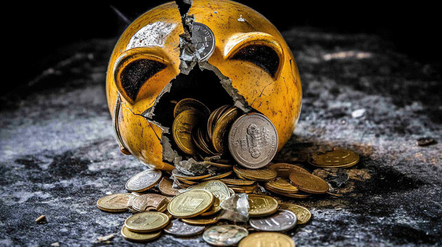 Broken piggy bank with coins scattered around, symbolizing financial struggle and the need for careful budgeting and saving.
