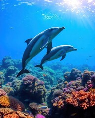 Fototapeta premium dolphins swimming in the ocean with corals and other fish