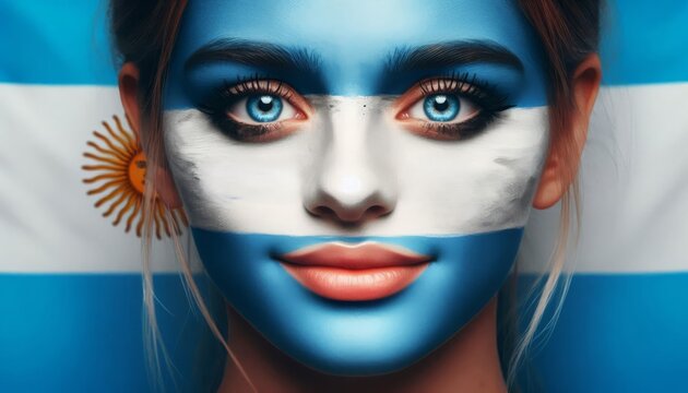 Woman with Argentine flag face paint, captivating eyes, patriotic expression