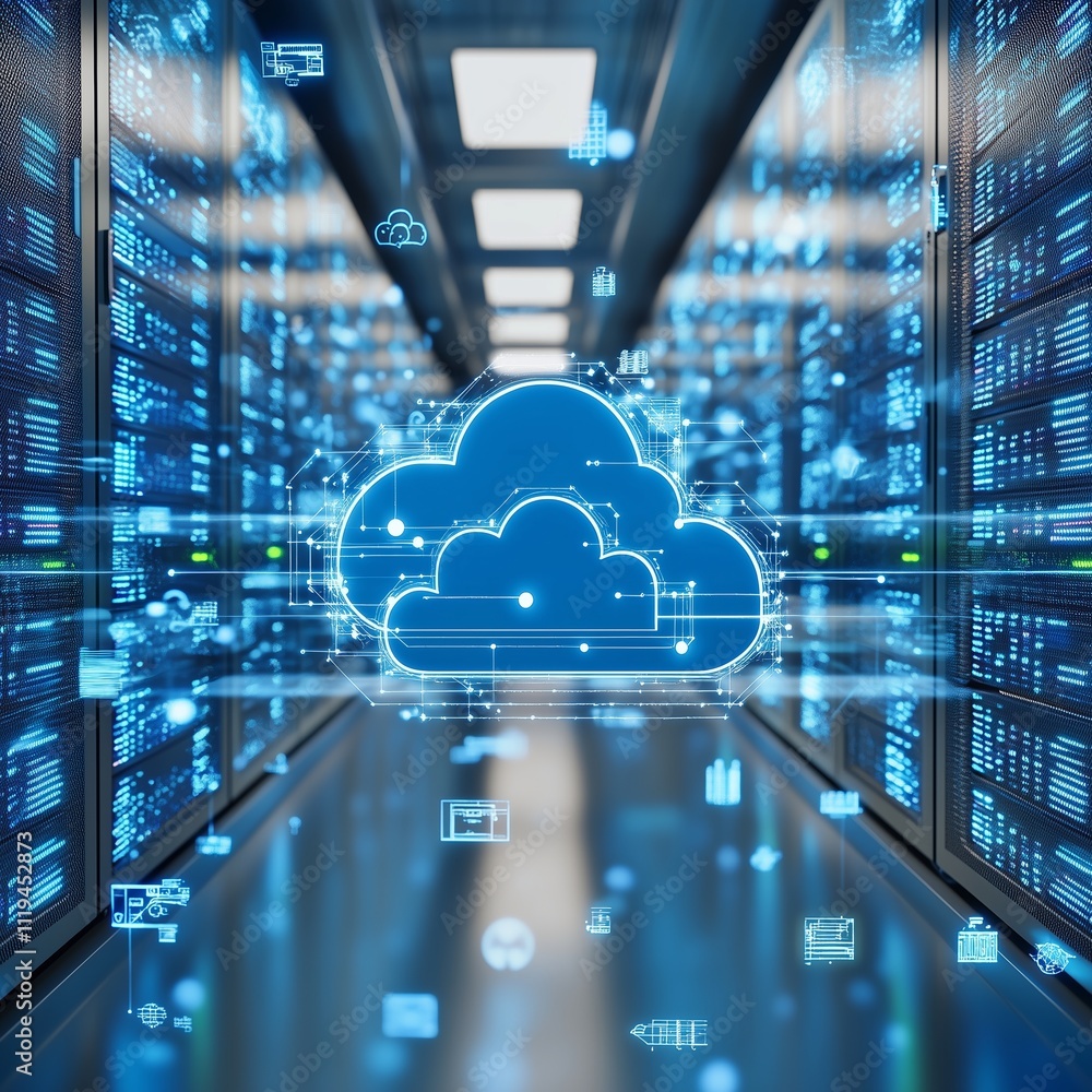 Poster cloud computing. data storage technology. 3d render