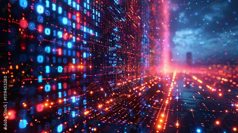 Leinwandbilder Futuristic matrix code visualization with glowing binary data flow abstract 3d rendering.