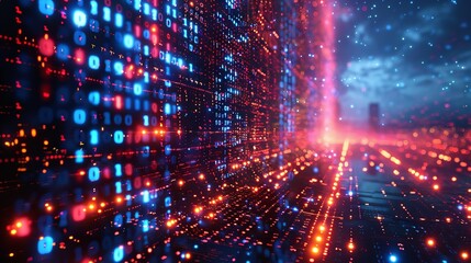 Fototapeta premium Futuristic matrix code visualization with glowing binary data flow abstract 3d rendering.