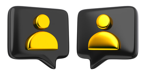 Two black speech bubbles with golden user member icon sign or avatar mark. Concept of personal account. 3d rendering