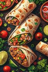 The enticing smell of freshly grilled shawarma, served with colorful vegetables, wrapped in soft pita, and garnished with rich sauces and spices, creating a vibrant and appetizing atmosphere.