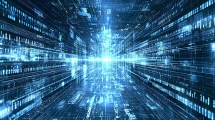 Abstract digital tunnel of glowing data streams and binary code. Perfect for tech, futuristic, or network concepts.